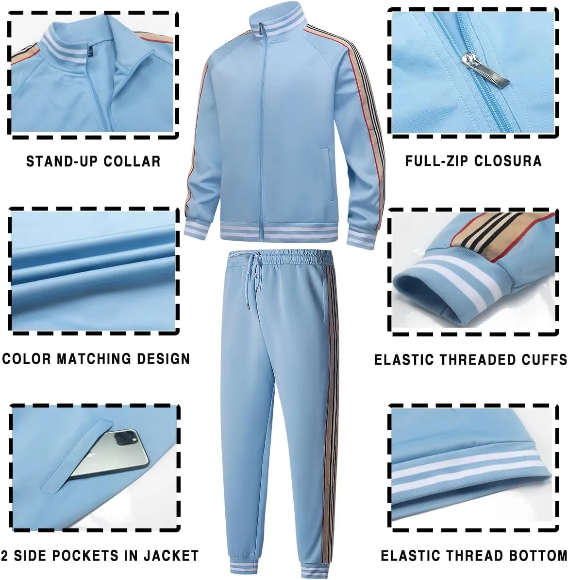 Mens Tracksuits 2 Piece Set Full Zip Velour Sweatsuit for Casual Training Outdoor - Available in Blue Khaki and Black