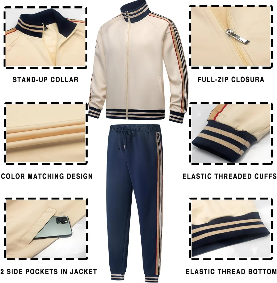 Mens Tracksuits 2 Piece Set Full Zip Velour Sweatsuit for Casual Training Outdoor - Available in Blue Khaki and Black