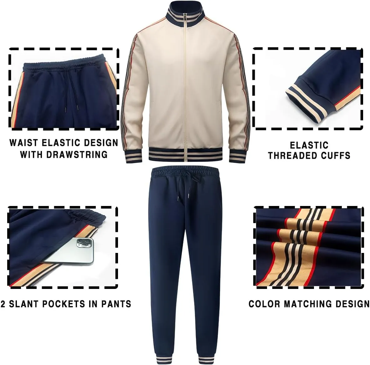 Mens Tracksuits 2 Piece Set Full Zip Velour Sweatsuit for Casual Training Outdoor - Available in Blue Khaki and Black