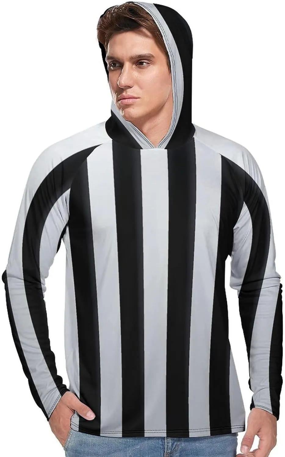 Men's UPF 50  Sun Protection Hoodie Outdoor UV Shirts Black and White Stripes Long Sleeve Quick Dry Fishing Hiking Shirt