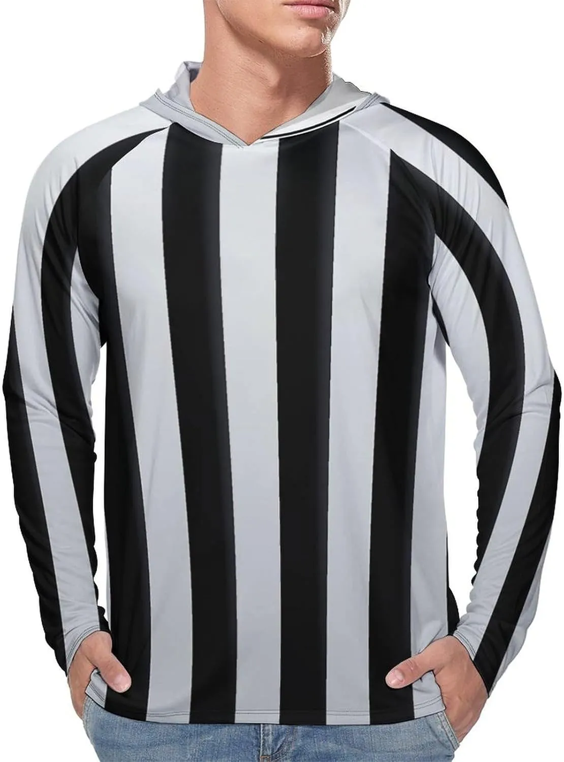 Men's UPF 50  Sun Protection Hoodie Outdoor UV Shirts Black and White Stripes Long Sleeve Quick Dry Fishing Hiking Shirt