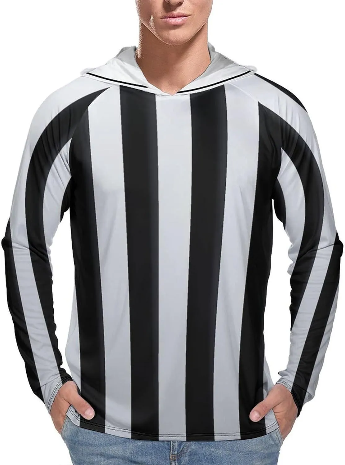 Men's UPF 50  Sun Protection Hoodie Outdoor UV Shirts Black and White Stripes Long Sleeve Quick Dry Fishing Hiking Shirt