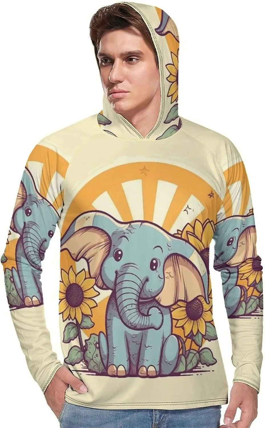 Men's UPF 50  Sun Protection Hoodie Outdoor UV Shirts Cheery Elephant Long Sleeve Quick Dry Fishing Hiking Shirt