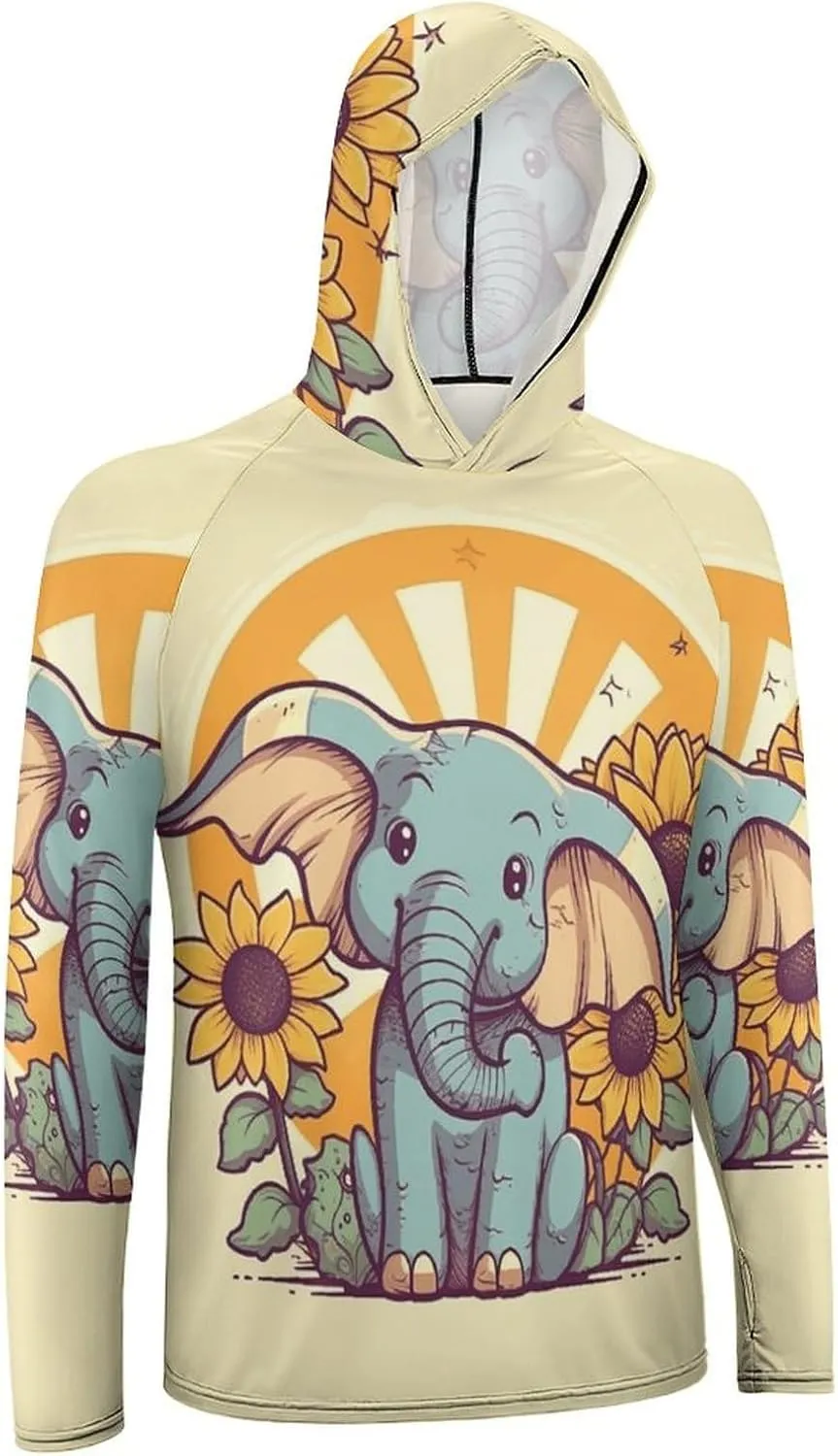 Men's UPF 50  Sun Protection Hoodie Outdoor UV Shirts Cheery Elephant Long Sleeve Quick Dry Fishing Hiking Shirt