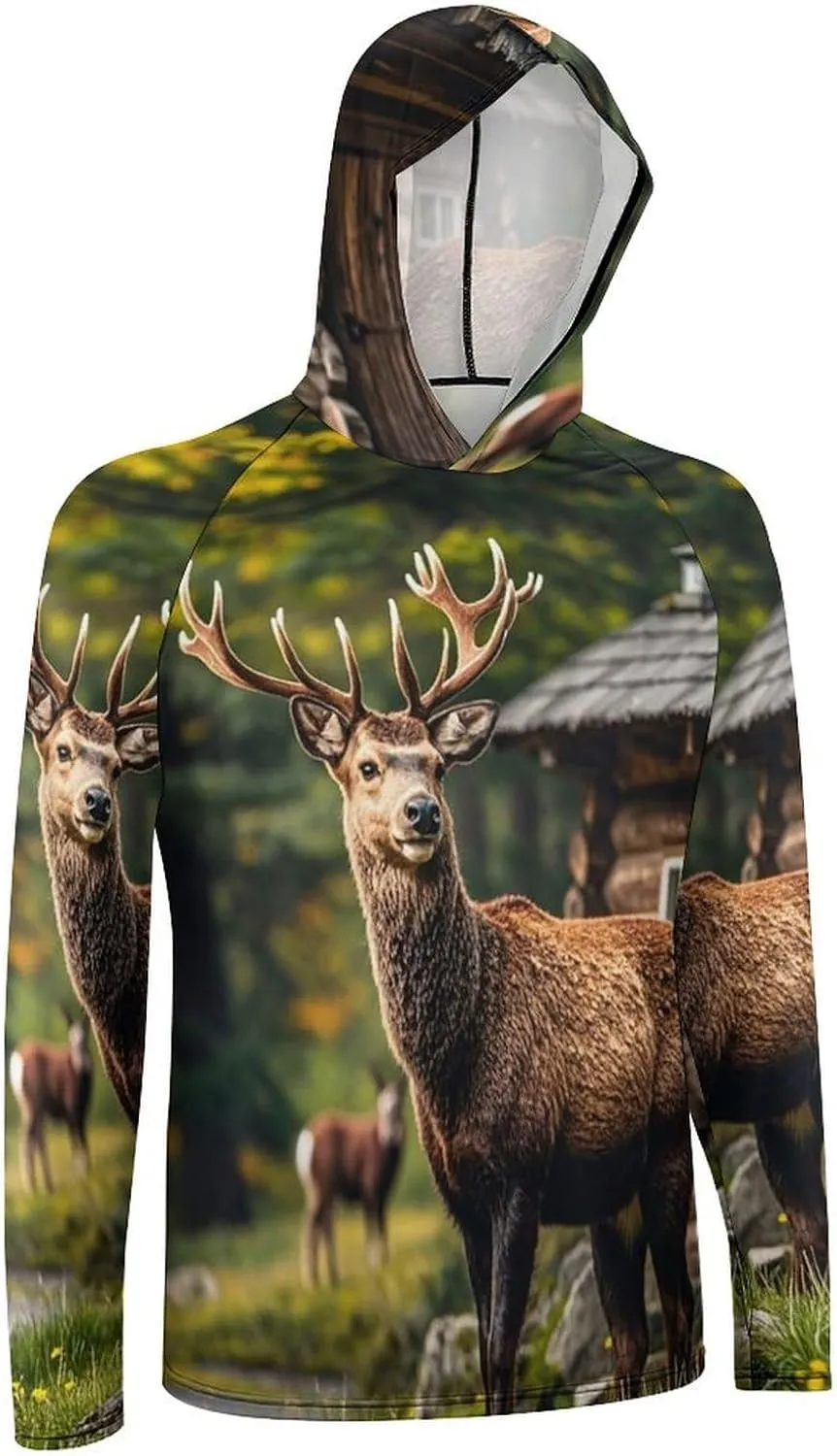 Men's UPF 50  Sun Protection Hoodie Outdoor UV Shirts Country Lodge Bear Deer Long Sleeve Quick Dry Fishing Hiking Shirt