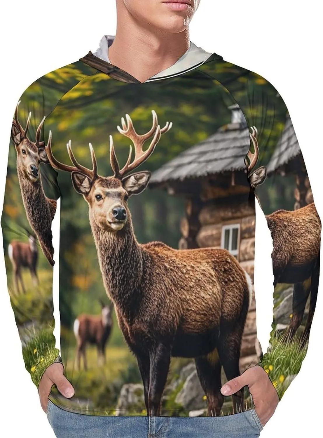 Men's UPF 50  Sun Protection Hoodie Outdoor UV Shirts Country Lodge Bear Deer Long Sleeve Quick Dry Fishing Hiking Shirt