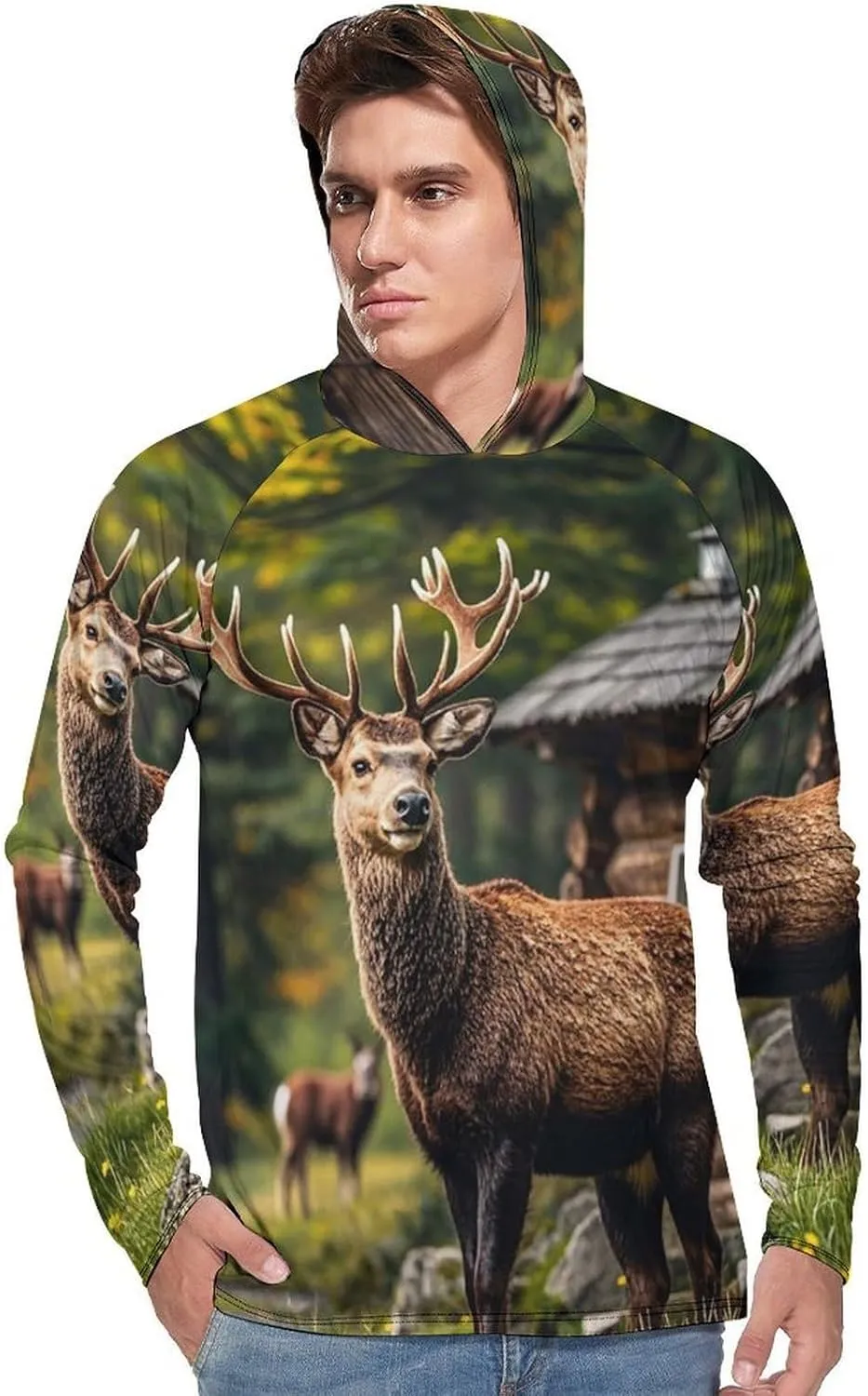Men's UPF 50  Sun Protection Hoodie Outdoor UV Shirts Country Lodge Bear Deer Long Sleeve Quick Dry Fishing Hiking Shirt