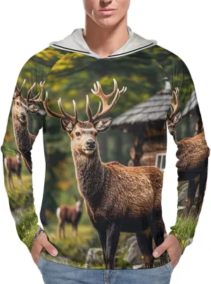 Men's UPF 50  Sun Protection Hoodie Outdoor UV Shirts Country Lodge Bear Deer Long Sleeve Quick Dry Fishing Hiking Shirt