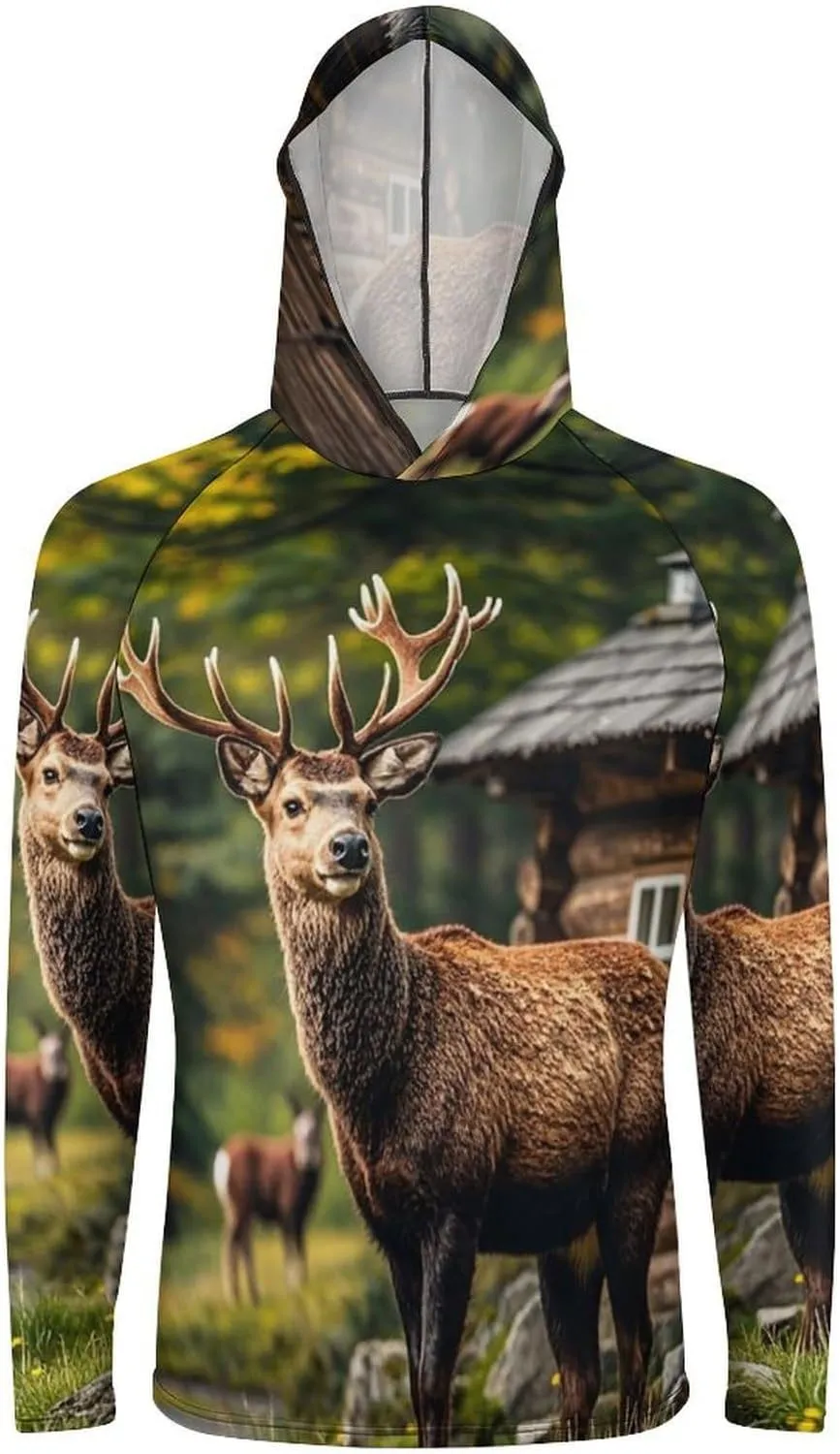 Men's UPF 50  Sun Protection Hoodie Outdoor UV Shirts Country Lodge Bear Deer Long Sleeve Quick Dry Fishing Hiking Shirt