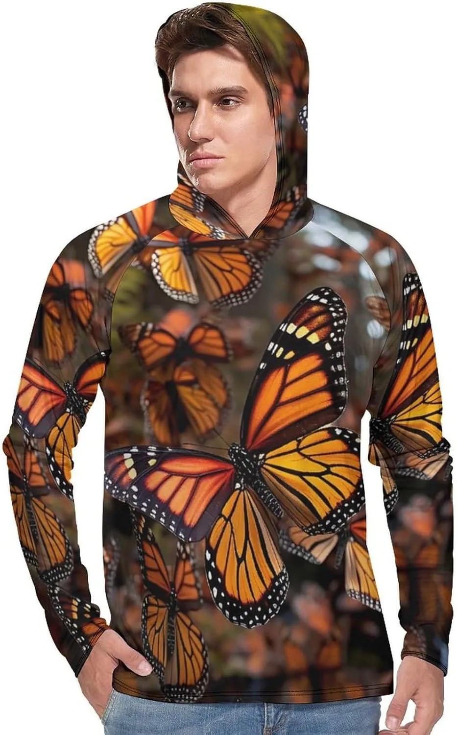 Men's UPF 50  Sun Protection Hoodie Outdoor UV Shirts Monarch Butterflies Long Sleeve Quick Dry Fishing Hiking Shirt