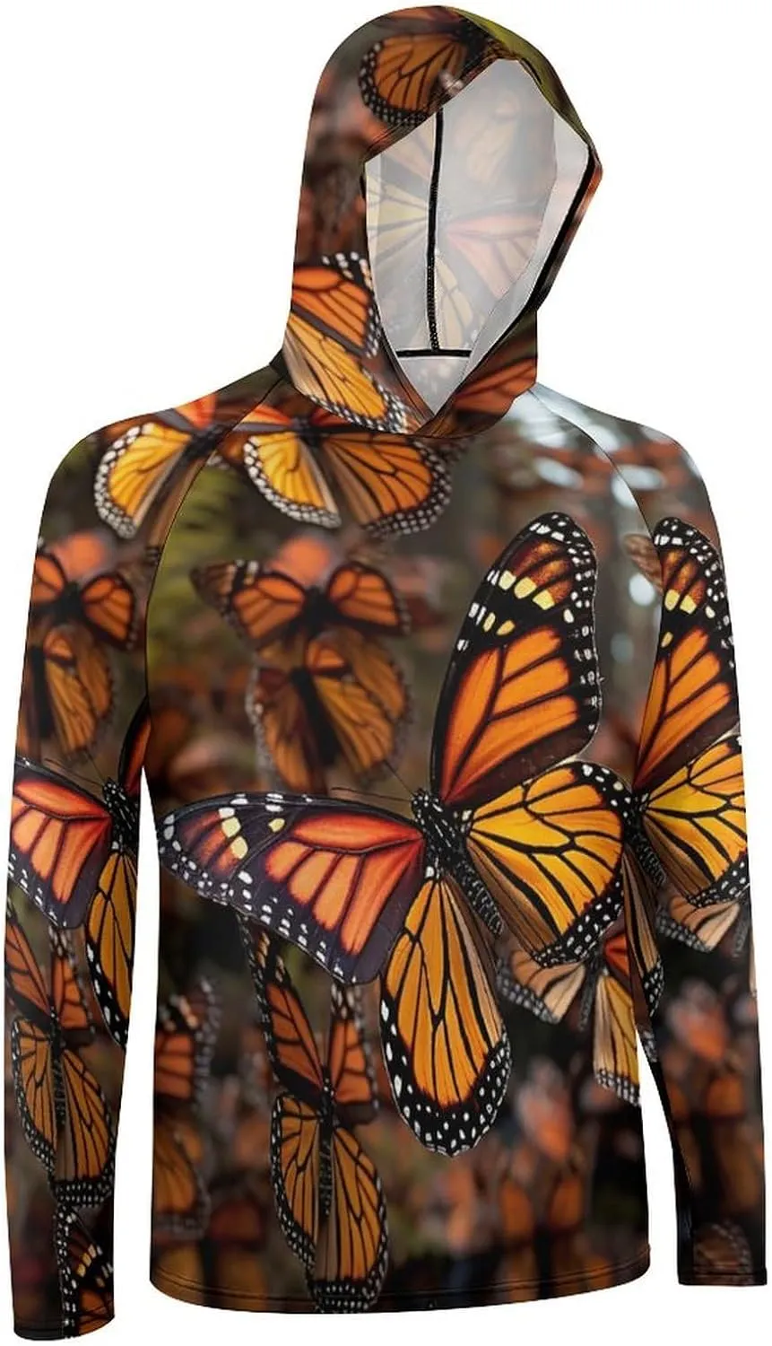 Men's UPF 50  Sun Protection Hoodie Outdoor UV Shirts Monarch Butterflies Long Sleeve Quick Dry Fishing Hiking Shirt