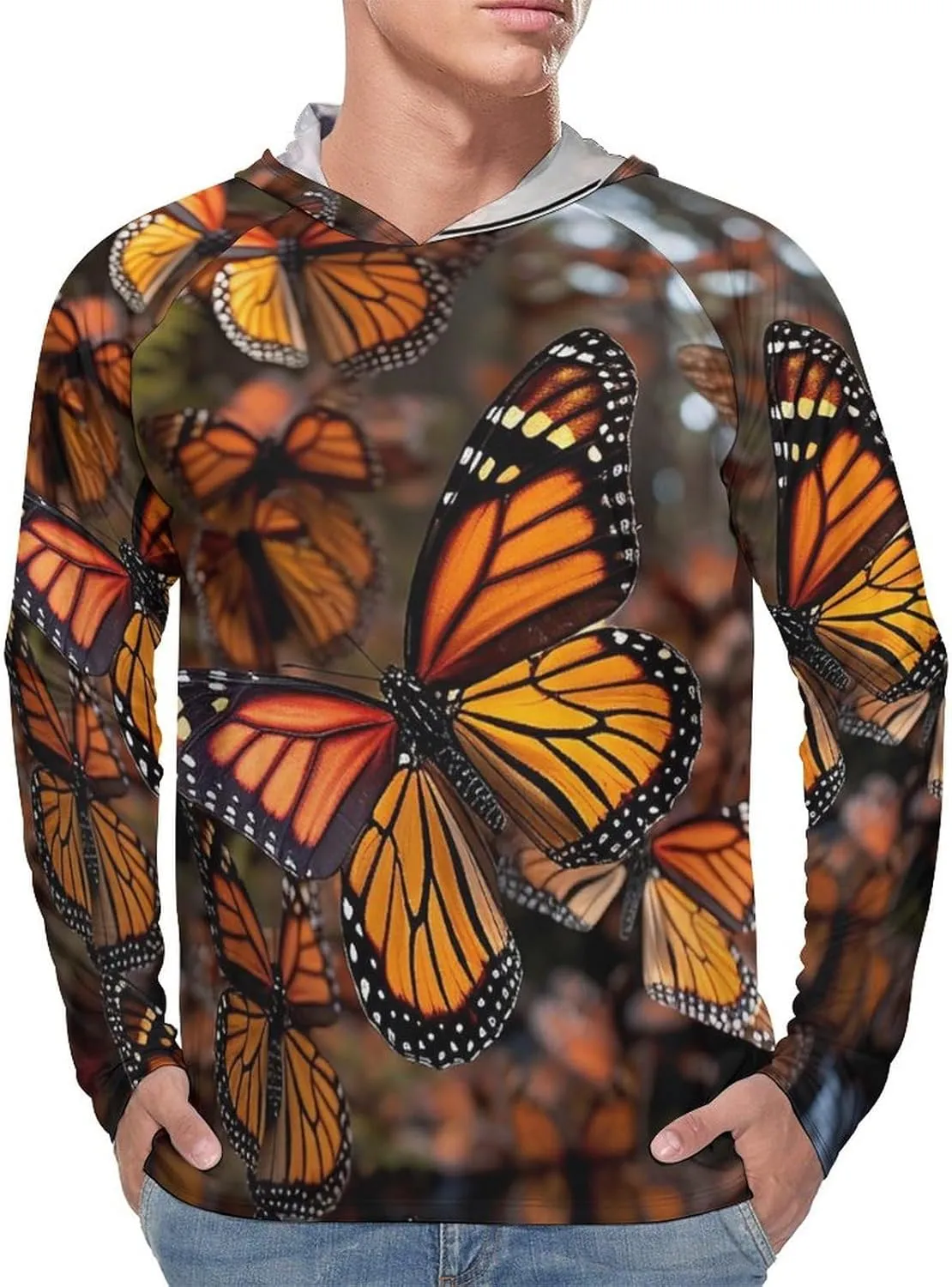 Men's UPF 50  Sun Protection Hoodie Outdoor UV Shirts Monarch Butterflies Long Sleeve Quick Dry Fishing Hiking Shirt