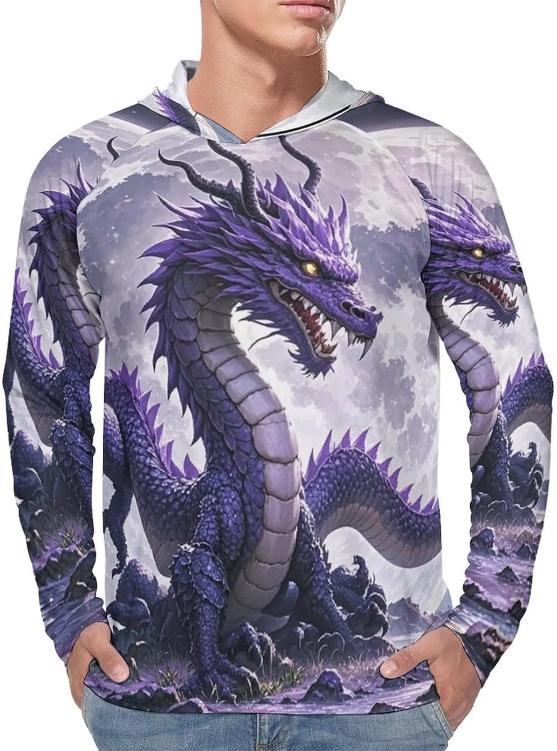 Men's UPF 50  Sun Protection Hoodie Outdoor UV Shirts Purple Dragon Purple Moon Long Sleeve Quick Dry Fishing Hiking Shirt