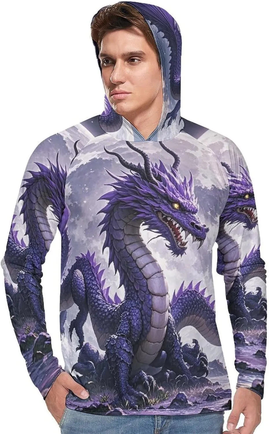 Men's UPF 50  Sun Protection Hoodie Outdoor UV Shirts Purple Dragon Purple Moon Long Sleeve Quick Dry Fishing Hiking Shirt