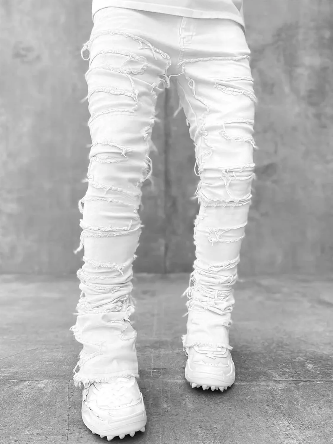 Mens Vintage Ripped Flared Leg Stacked Jeans Patchwork Bell Bottom Regular Fit 70s Hip Hop Distressed Denim Pants