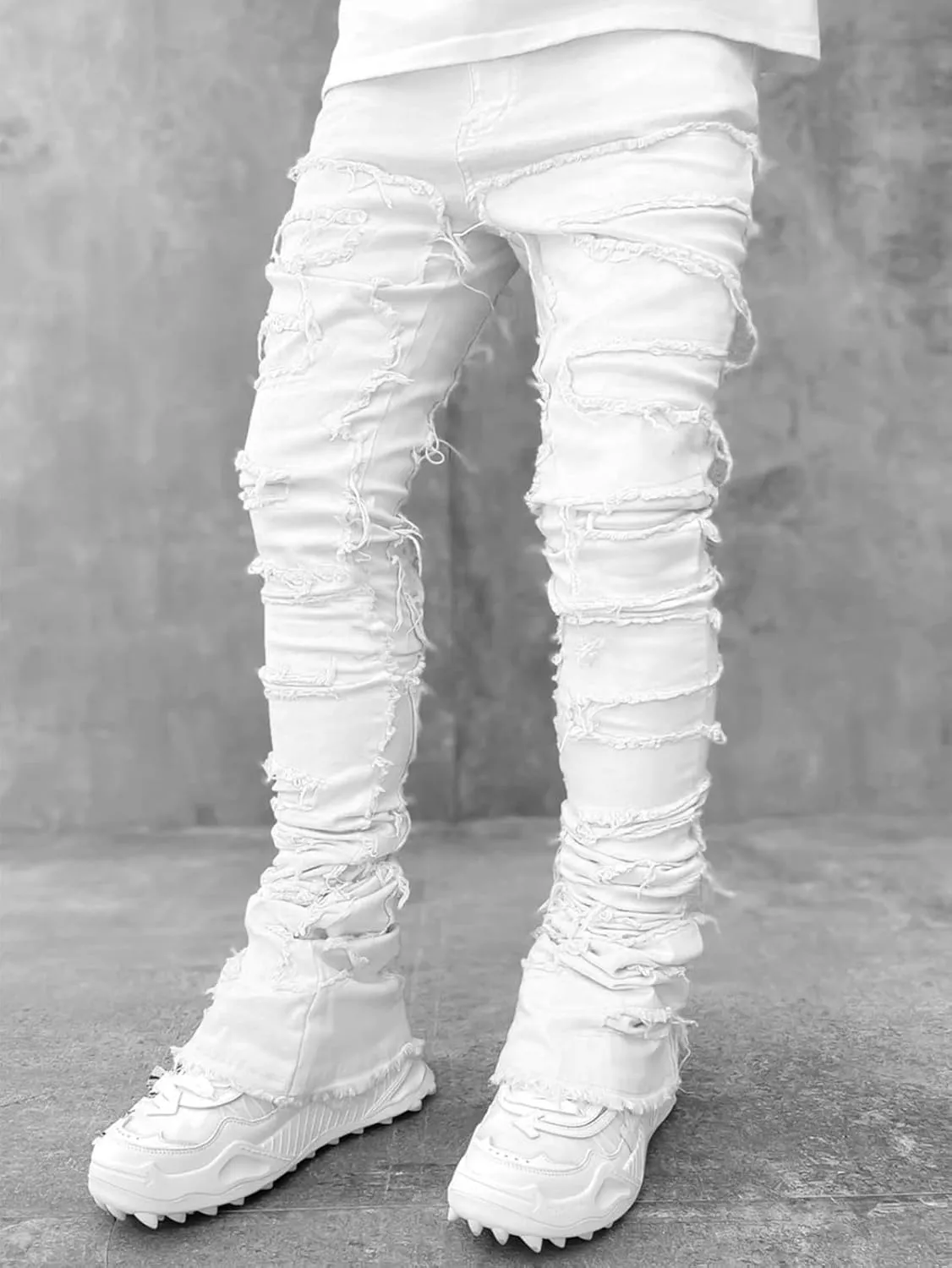 Mens Vintage Ripped Flared Leg Stacked Jeans Patchwork Bell Bottom Regular Fit 70s Hip Hop Distressed Denim Pants