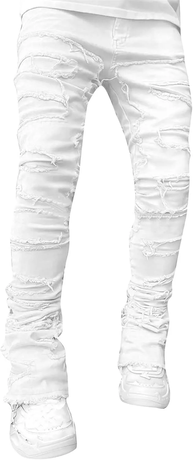 Mens Vintage Ripped Flared Leg Stacked Jeans Patchwork Bell Bottom Regular Fit 70s Hip Hop Distressed Denim Pants