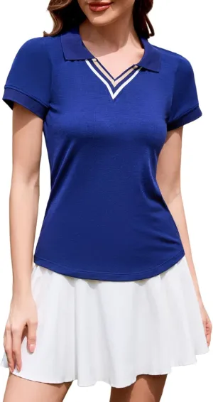 Merino Wool V Neck Polo Shirts for Women for Tennis, Breathable Moisture Wicking Womens Golf Shirt Short Sleeve