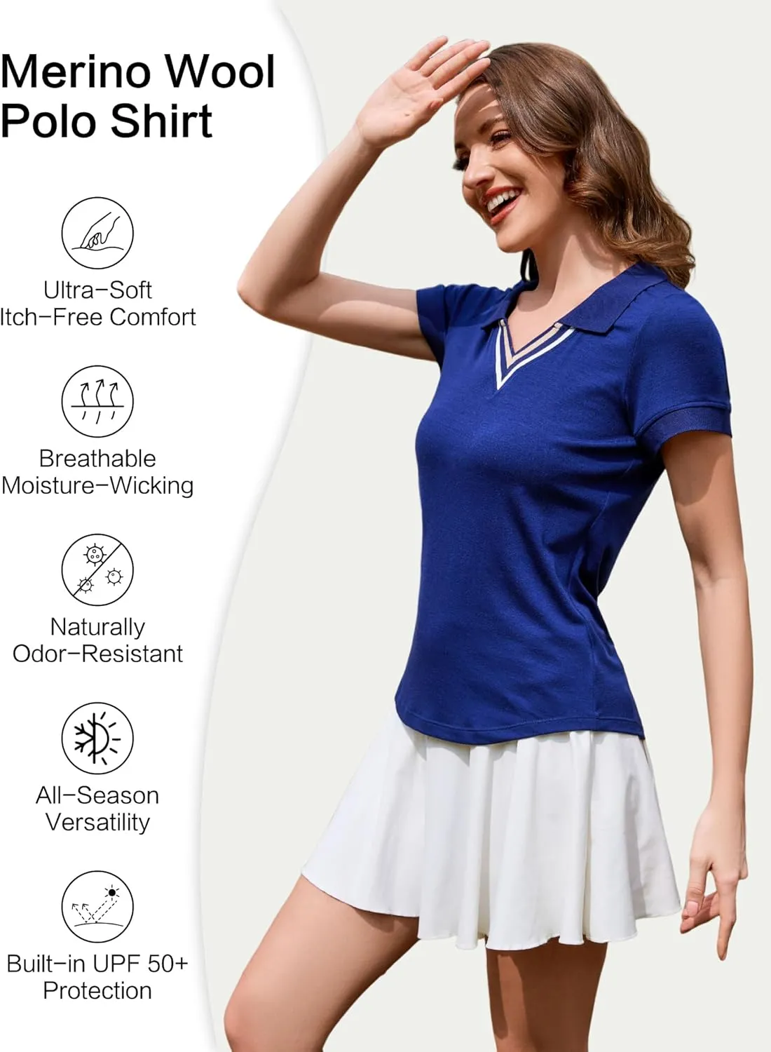 Merino Wool V Neck Polo Shirts for Women for Tennis, Breathable Moisture Wicking Womens Golf Shirt Short Sleeve