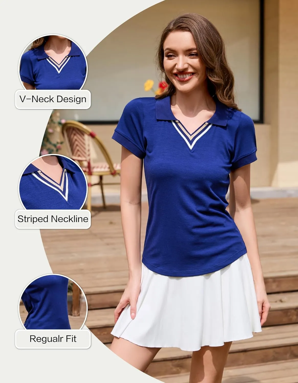 Merino Wool V Neck Polo Shirts for Women for Tennis, Breathable Moisture Wicking Womens Golf Shirt Short Sleeve