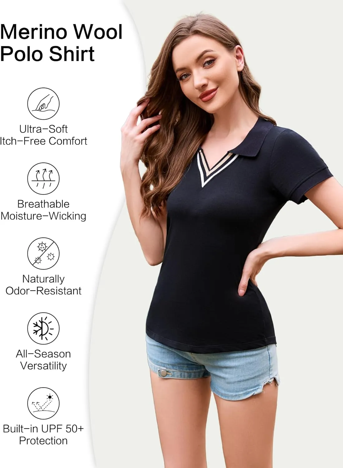 Merino Wool V Neck Polo Shirts for Women for Tennis, Breathable Moisture Wicking Womens Golf Shirt Short Sleeve