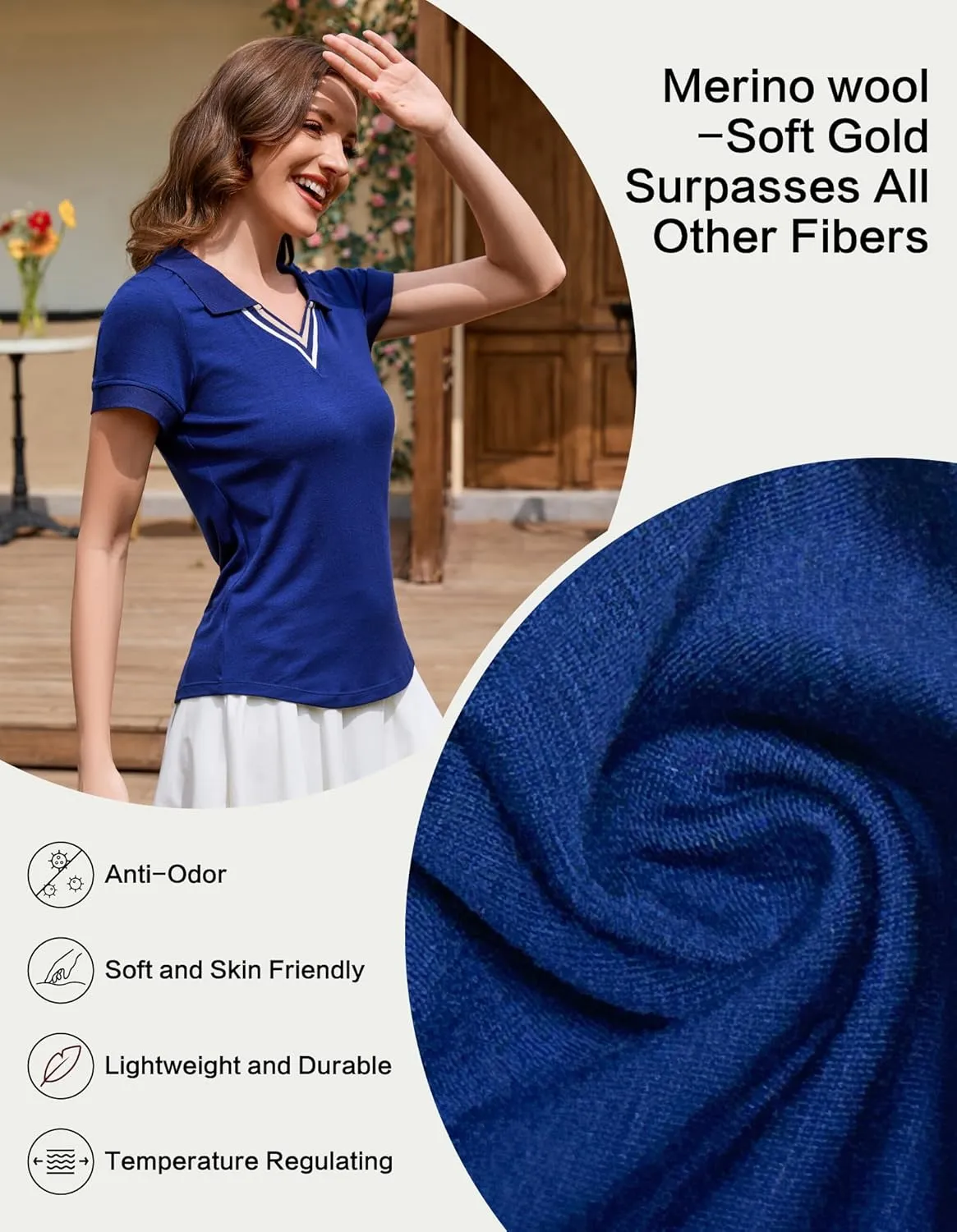 Merino Wool V Neck Polo Shirts for Women for Tennis, Breathable Moisture Wicking Womens Golf Shirt Short Sleeve