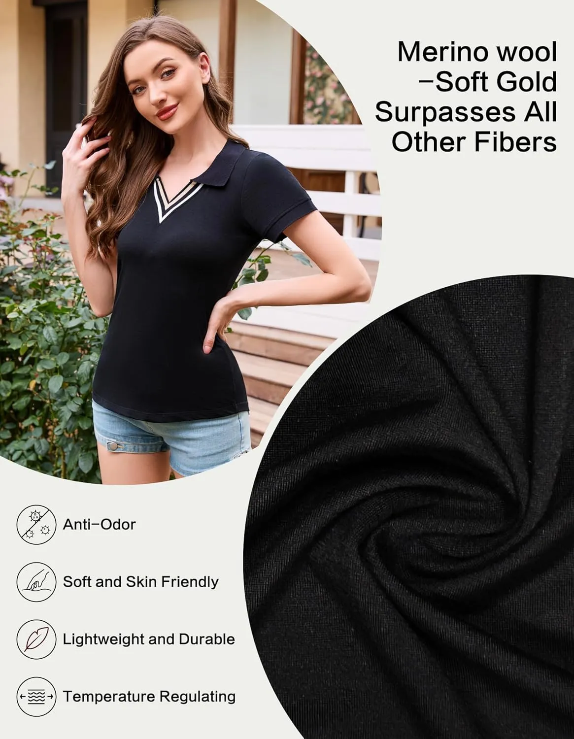 Merino Wool V Neck Polo Shirts for Women for Tennis, Breathable Moisture Wicking Womens Golf Shirt Short Sleeve