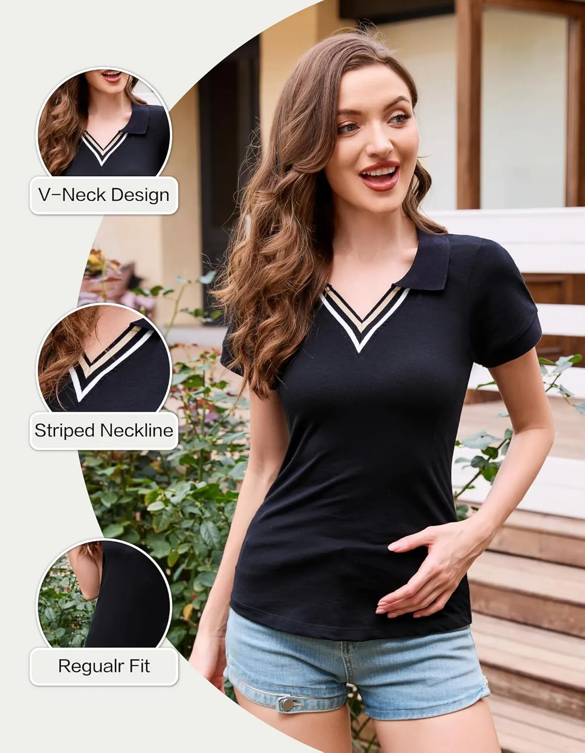 Merino Wool V Neck Polo Shirts for Women for Tennis, Breathable Moisture Wicking Womens Golf Shirt Short Sleeve