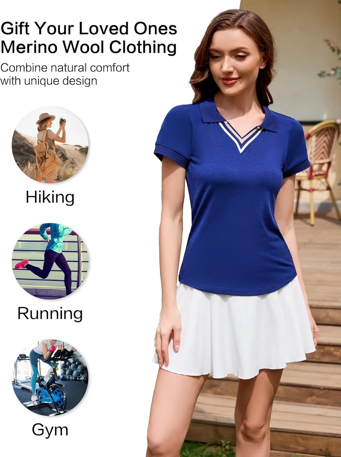 Merino Wool V Neck Polo Shirts for Women for Tennis, Breathable Moisture Wicking Womens Golf Shirt Short Sleeve