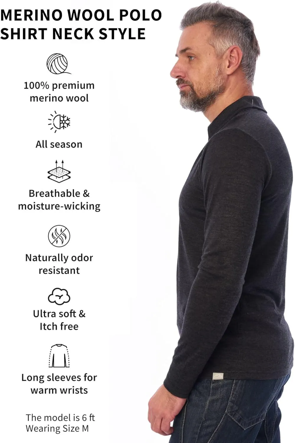 Merino.tech Merino Wool Polo Shirts for Men - 100% Merino Wool Base Layer Mens Breathable Anti-Odor Thermal Long Sleeve Shirt
