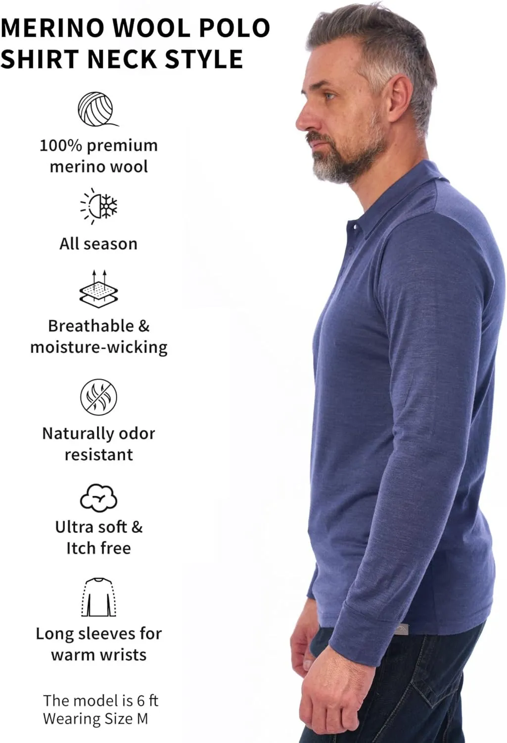 Merino.tech Merino Wool Polo Shirts for Men - 100% Merino Wool Base Layer Mens Breathable Anti-Odor Thermal Long Sleeve Shirt