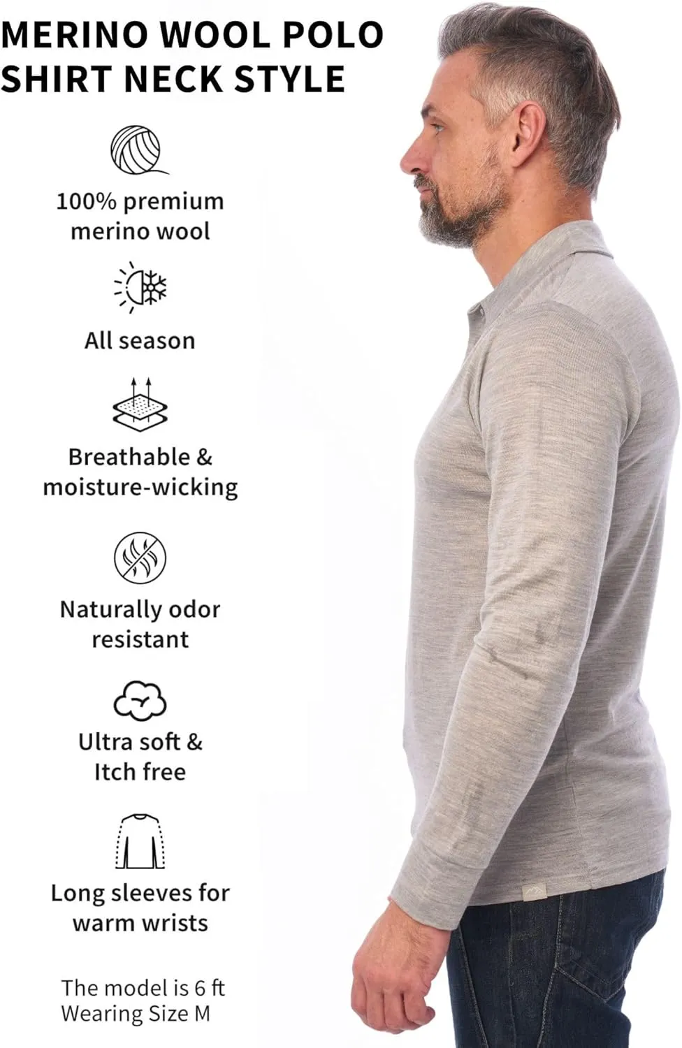 Merino.tech Merino Wool Polo Shirts for Men - 100% Merino Wool Base Layer Mens Breathable Anti-Odor Thermal Long Sleeve Shirt