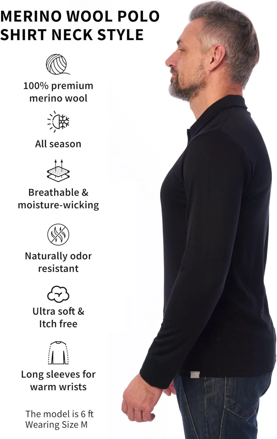 Merino.tech Merino Wool Polo Shirts for Men - 100% Merino Wool Base Layer Mens Breathable Anti-Odor Thermal Long Sleeve Shirt
