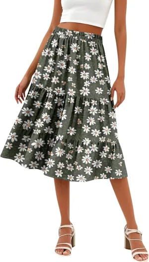 midi Tiered Floral Skirts for Women Trendy Boho high Elastic Waist Long Ruffle Flowy a line Skirts Vacation Skort