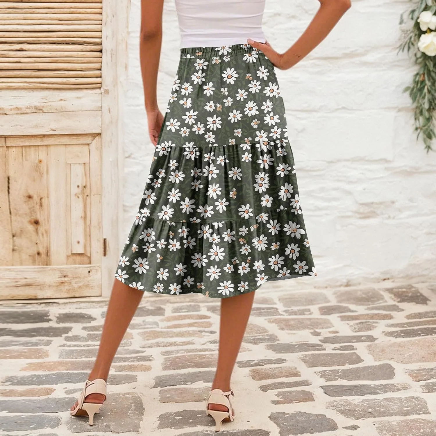 midi Tiered Floral Skirts for Women Trendy Boho high Elastic Waist Long Ruffle Flowy a line Skirts Vacation Skort