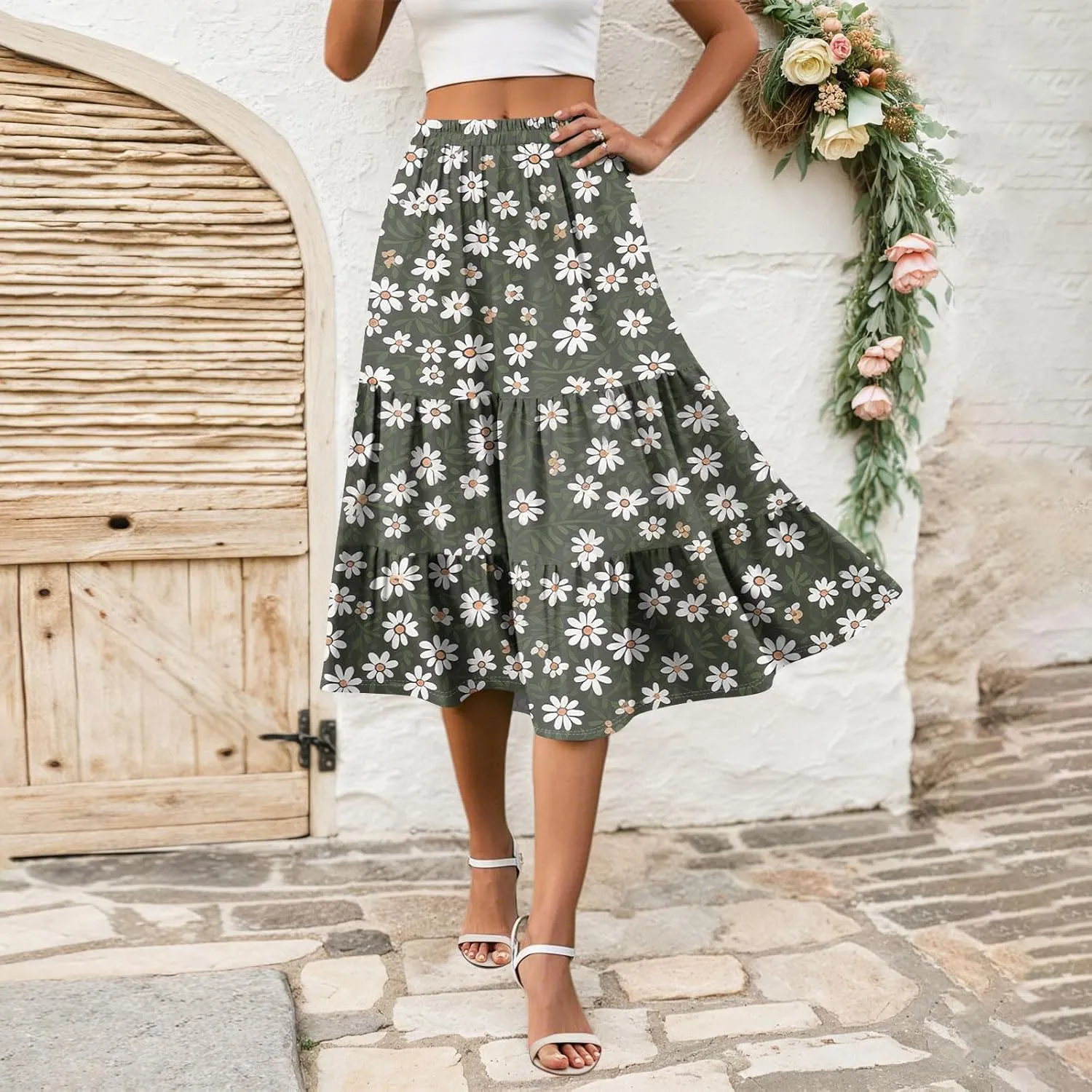 midi Tiered Floral Skirts for Women Trendy Boho high Elastic Waist Long Ruffle Flowy a line Skirts Vacation Skort