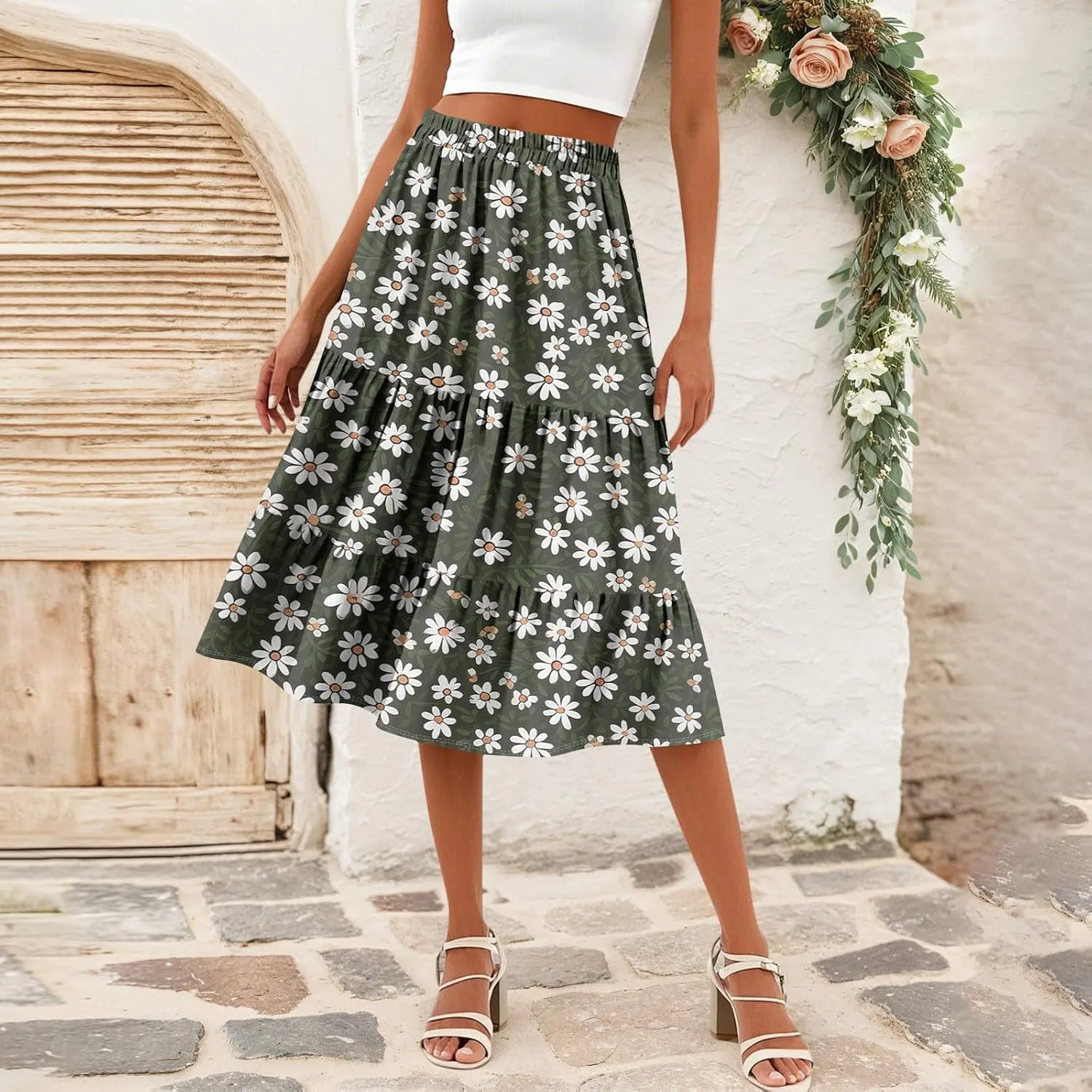 midi Tiered Floral Skirts for Women Trendy Boho high Elastic Waist Long Ruffle Flowy a line Skirts Vacation Skort