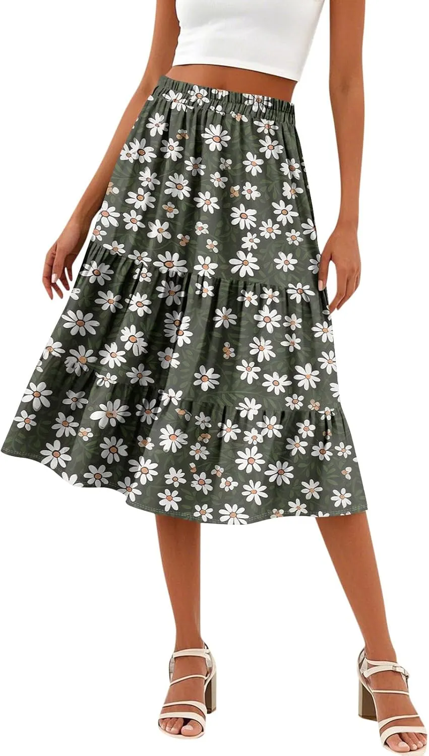 midi Tiered Floral Skirts for Women Trendy Boho high Elastic Waist Long Ruffle Flowy a line Skirts Vacation Skort