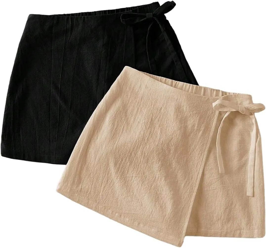 Milumia Women's 2 Pack Bowtie Side Wrap Skort Elastic Waist Solid Linen Shorts