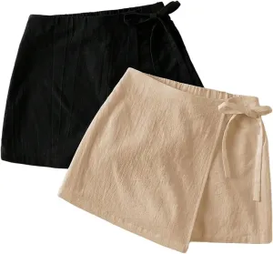 Milumia Women's 2 Pack Bowtie Side Wrap Skort Elastic Waist Solid Linen Shorts