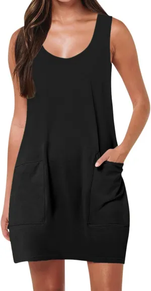 Mini Dress for Women Summer U Neck Sleeveless Beach Dresses Casual Solid Loose Fit Vacation Sundress with Pockets