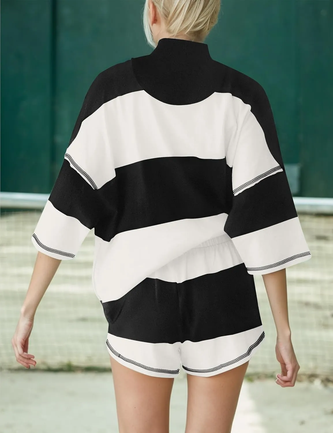 MISSACTIVER Womens 2 Piece Lounge Set Stripe Half Sleeve Oversized Shirts Shorts Summer Two Piece Workout Sets