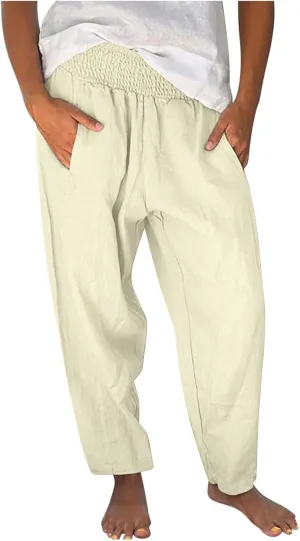 Miyaomn Casual Baggy Linen Pants for Women Smocked Elastic Waist Loose Palazzo Pants Summer Beach Lounge Trousers with Pocket