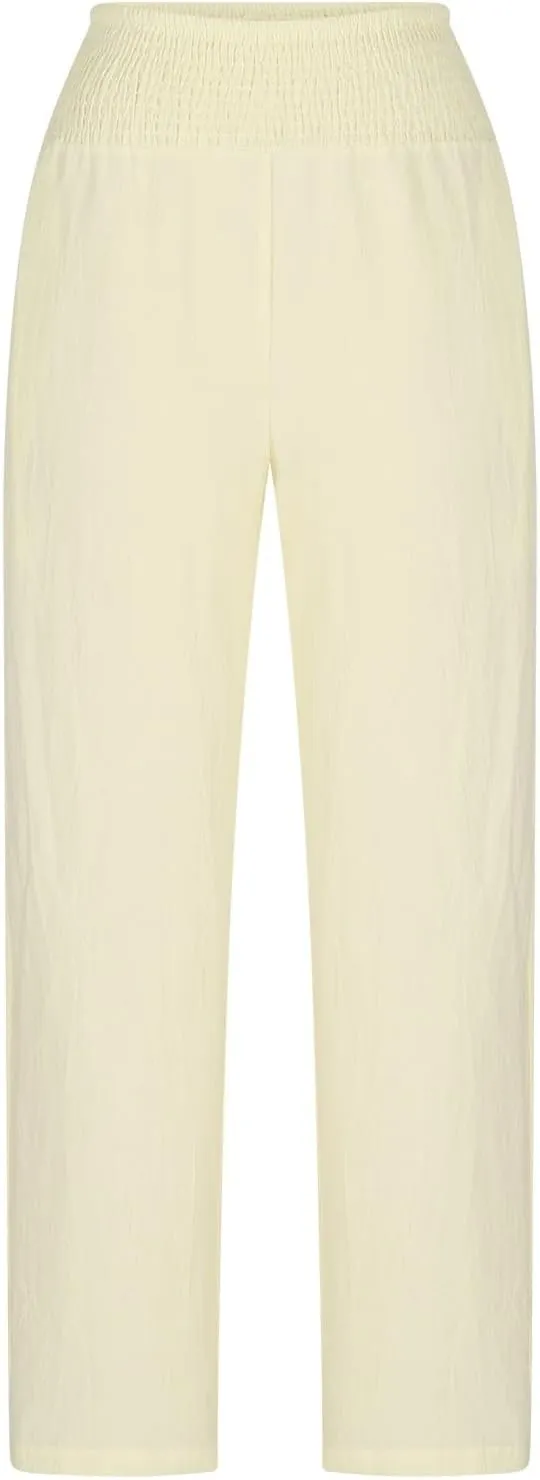 Miyaomn Casual Baggy Linen Pants for Women Smocked Elastic Waist Loose Palazzo Pants Summer Beach Lounge Trousers with Pocket