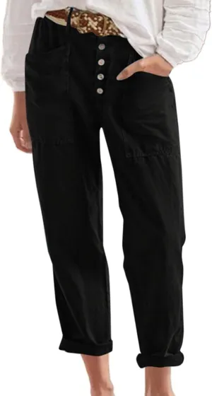 Miyaomn Casual Button-Fly Linen Pants for Women Elastic Waist in The Back Wide Leg Casual Joggers Summer Cotton Work Trousers