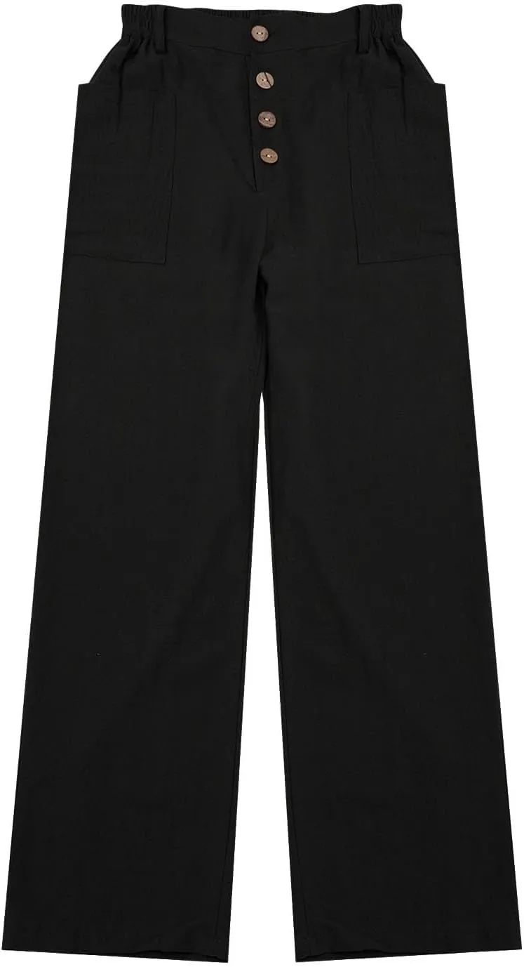 Miyaomn Casual Button-Fly Linen Pants for Women Elastic Waist in The Back Wide Leg Casual Joggers Summer Cotton Work Trousers