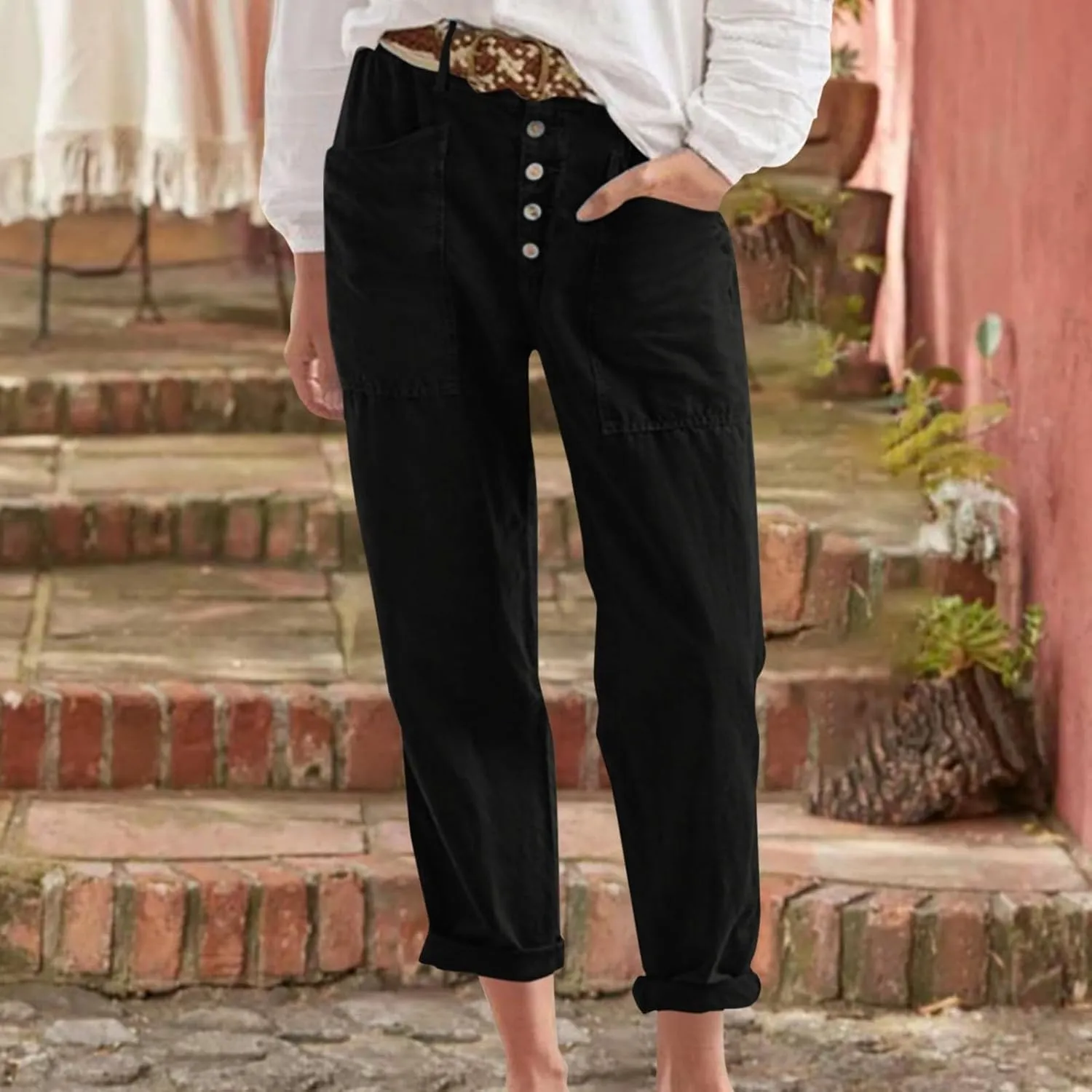 Miyaomn Casual Button-Fly Linen Pants for Women Elastic Waist in The Back Wide Leg Casual Joggers Summer Cotton Work Trousers