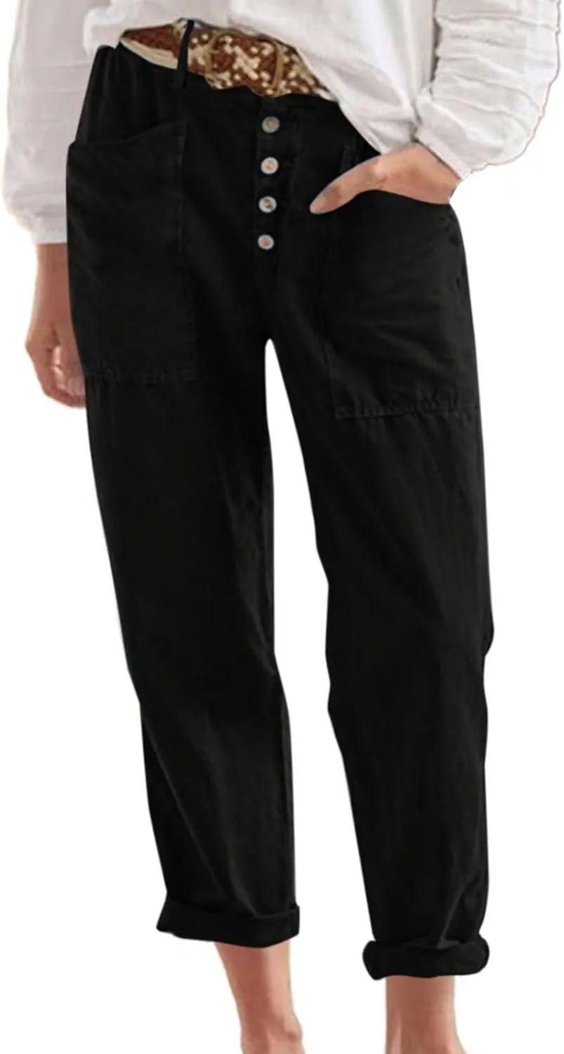 Miyaomn Casual Button-Fly Linen Pants for Women Elastic Waist in The Back Wide Leg Casual Joggers Summer Cotton Work Trousers