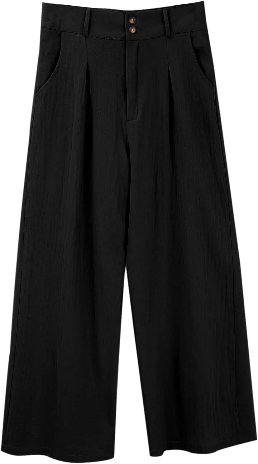 Miyaomn Linen Pants for Women High Waisted Casual Loose Wide Leg Palazzo Pants Summer Travel Beach Dress Trousers with Pocket