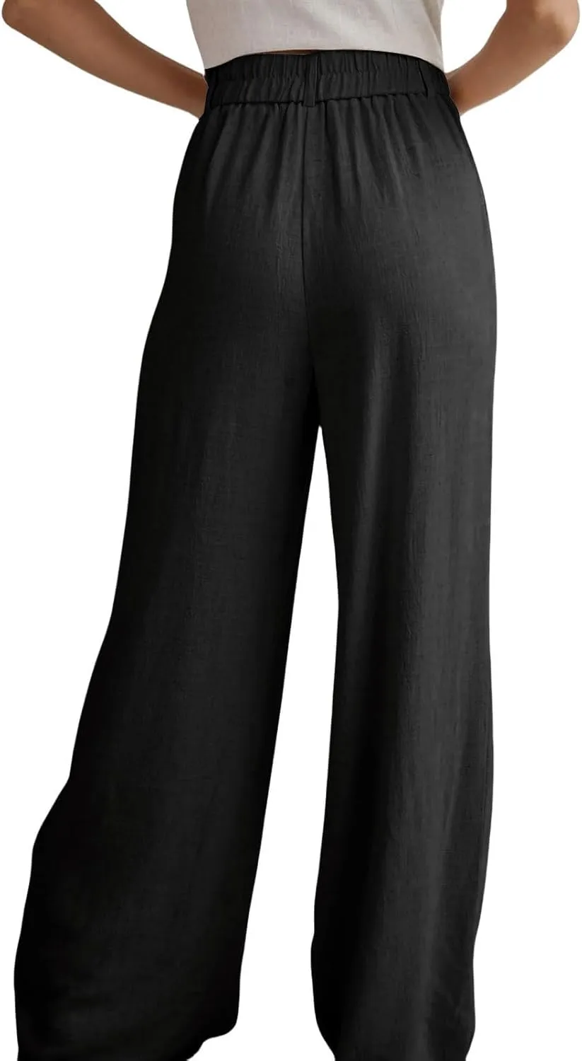 Miyaomn Linen Pants for Women High Waisted Casual Loose Wide Leg Palazzo Pants Summer Travel Beach Dress Trousers with Pocket